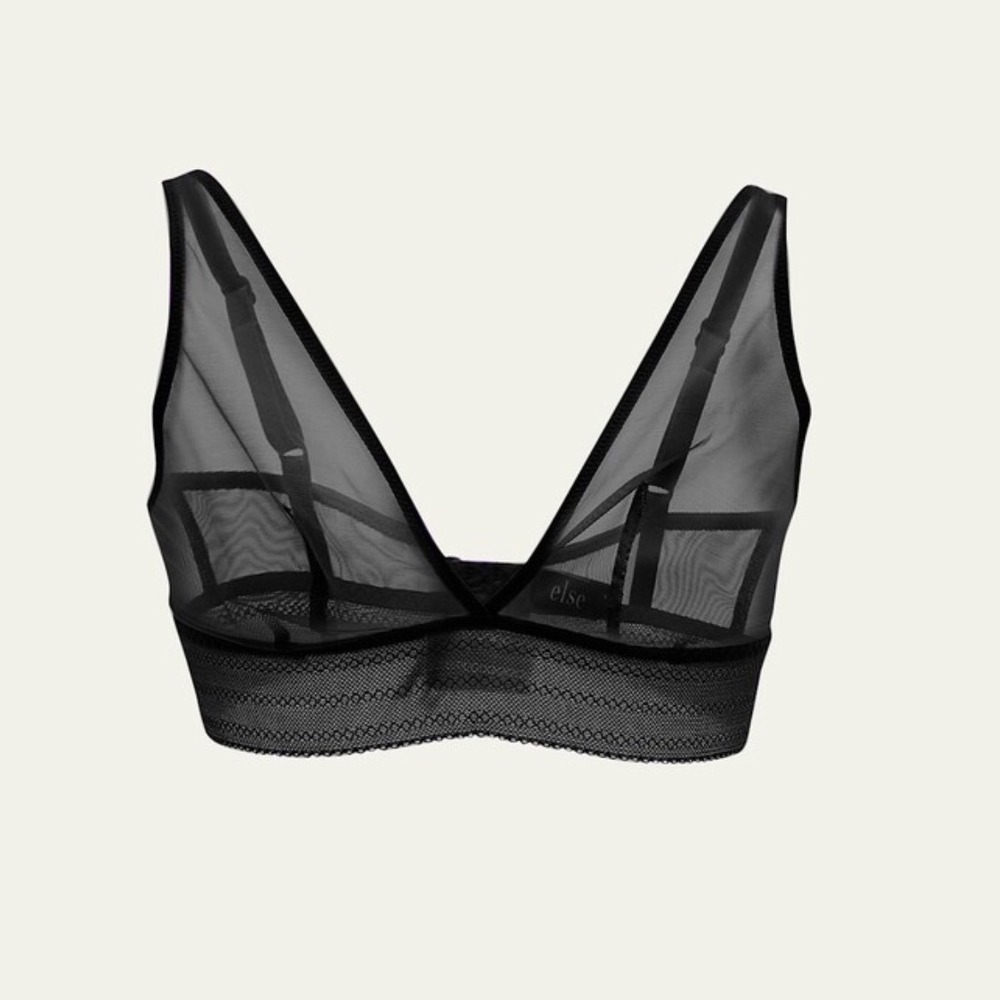ELSE Bare Soft Plunge Bra Black Mesh Wireless Bralette Lace Trim XL 38C 40B